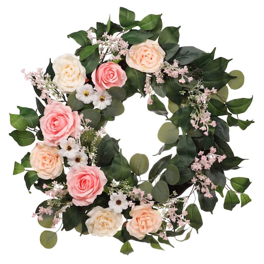 24&#x22; Pink Spring Camellia, Baby&#x27;s Breath &#x26; Rose Wreath